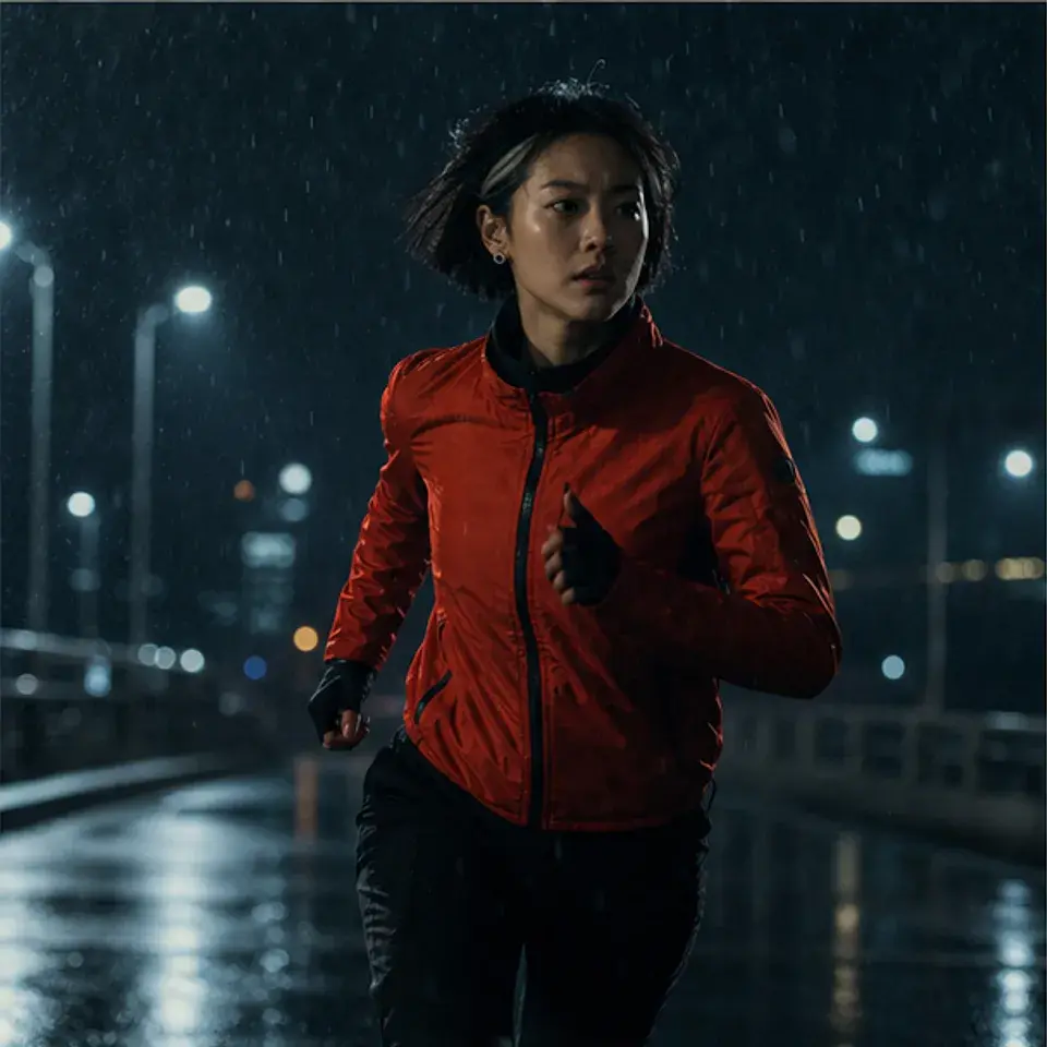 同一红衣角色在雨夜奔跑的动作镜头